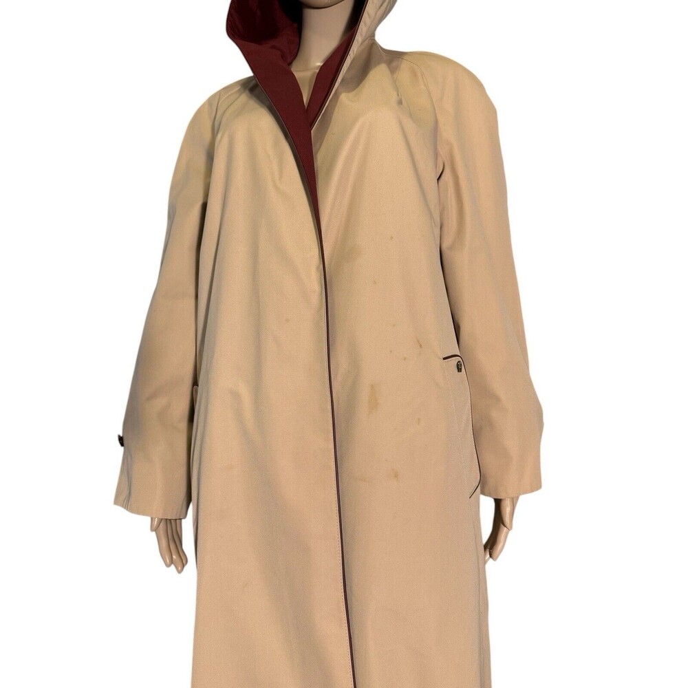 Etienne Aigner Reversible Hooded Trench Coat Size 12 Burgundy Khaki VTG belted - Picture 7 of 14